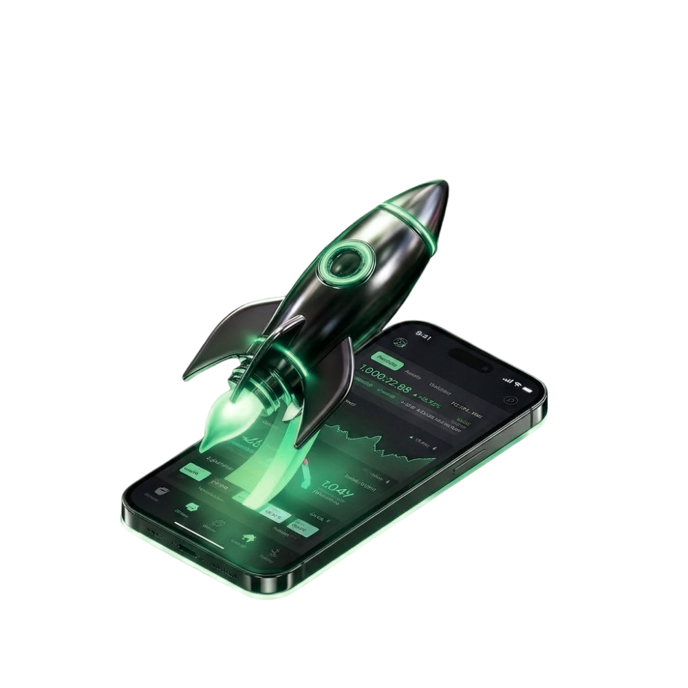 3D rocket launching from a smartphone showcasing app growth